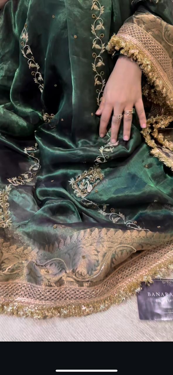 Deep Green Pure Tissue Silk Banarasi Saree 🔥✨