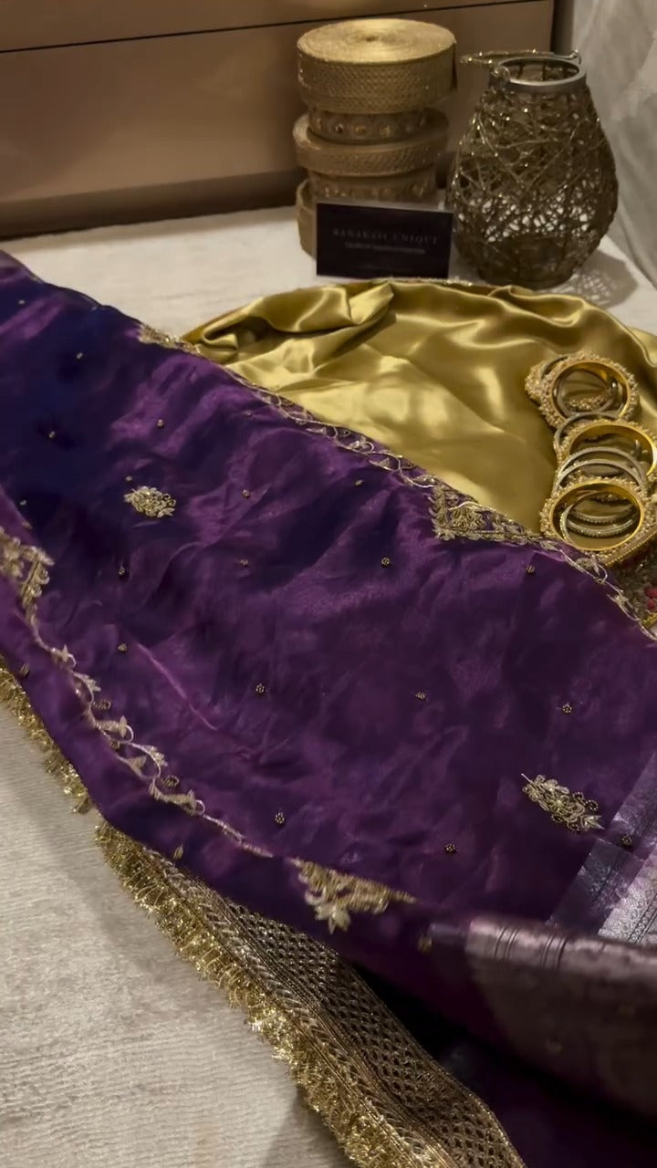 Deep Purple Pure Banarasi Kora Silk Kadhwa Saree 💜✨