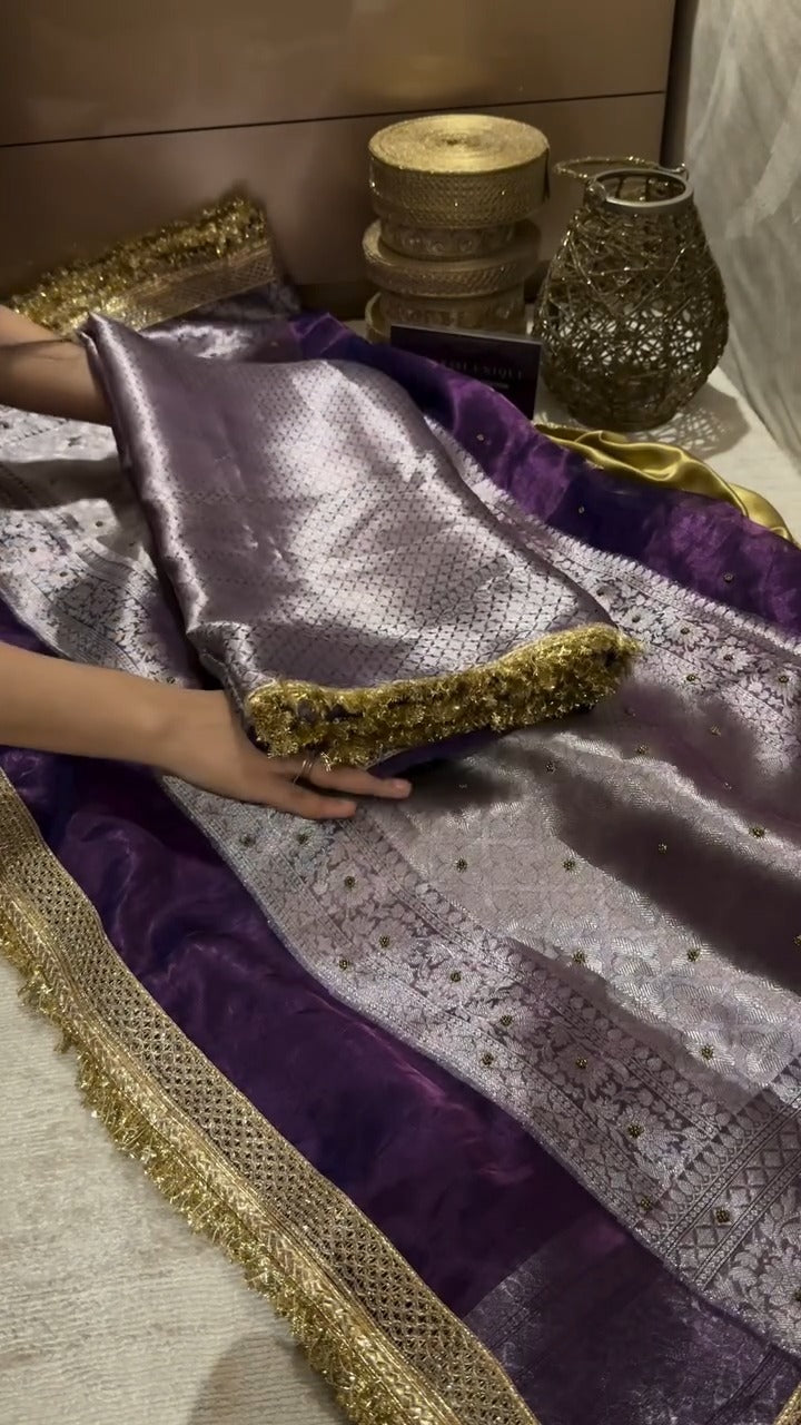 Deep Purple Pure Banarasi Kora Silk Kadhwa Saree 💜✨