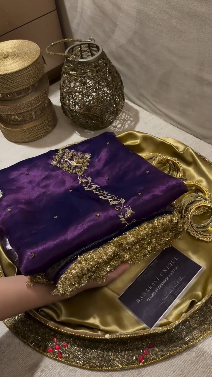 Deep Purple Pure Banarasi Kora Silk Kadhwa Saree 💜✨