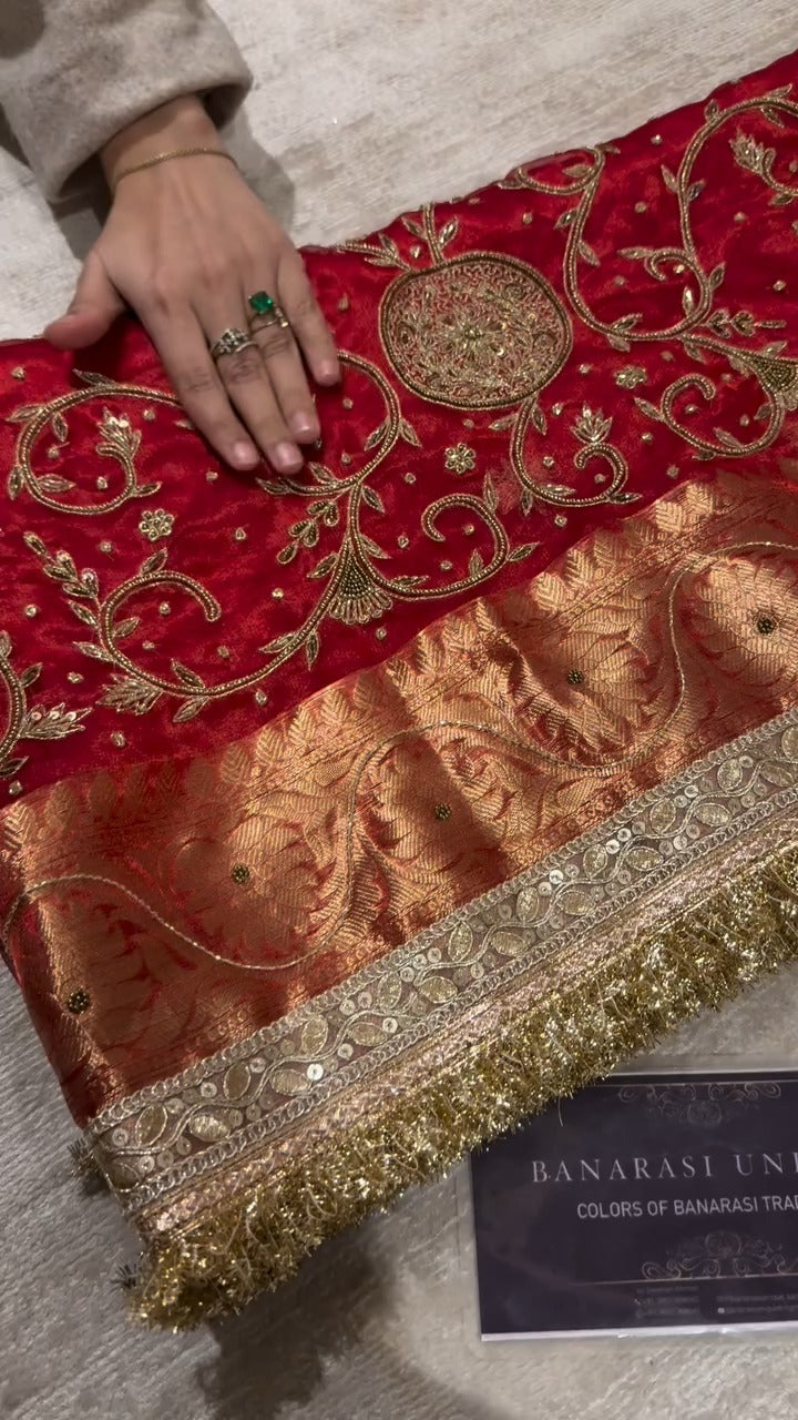 Stunning Red Pure Tissue Silk Banarasi Saree 🔥✨