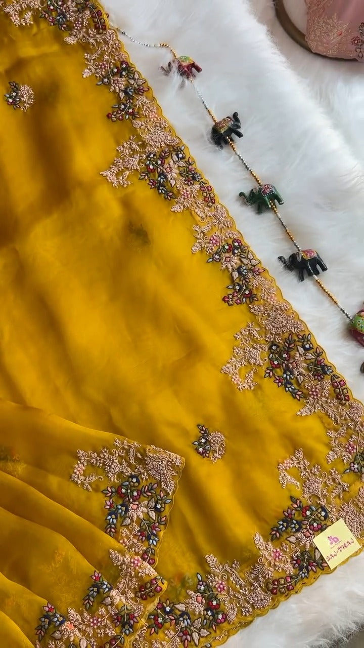 Mustard Organza Silk Cocktail Saree 🍸✨