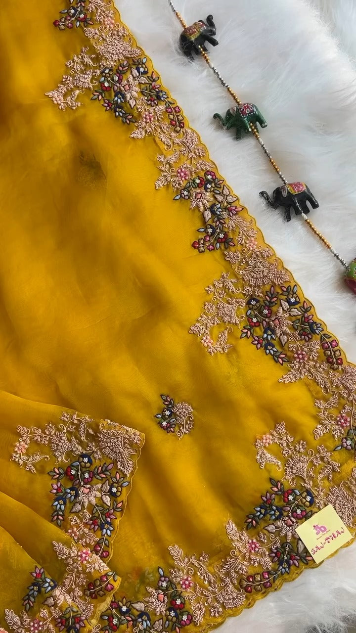 Mustard Organza Silk Cocktail Saree 🍸✨