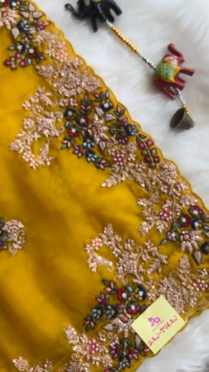 Mustard Organza Silk Cocktail Saree 🍸✨