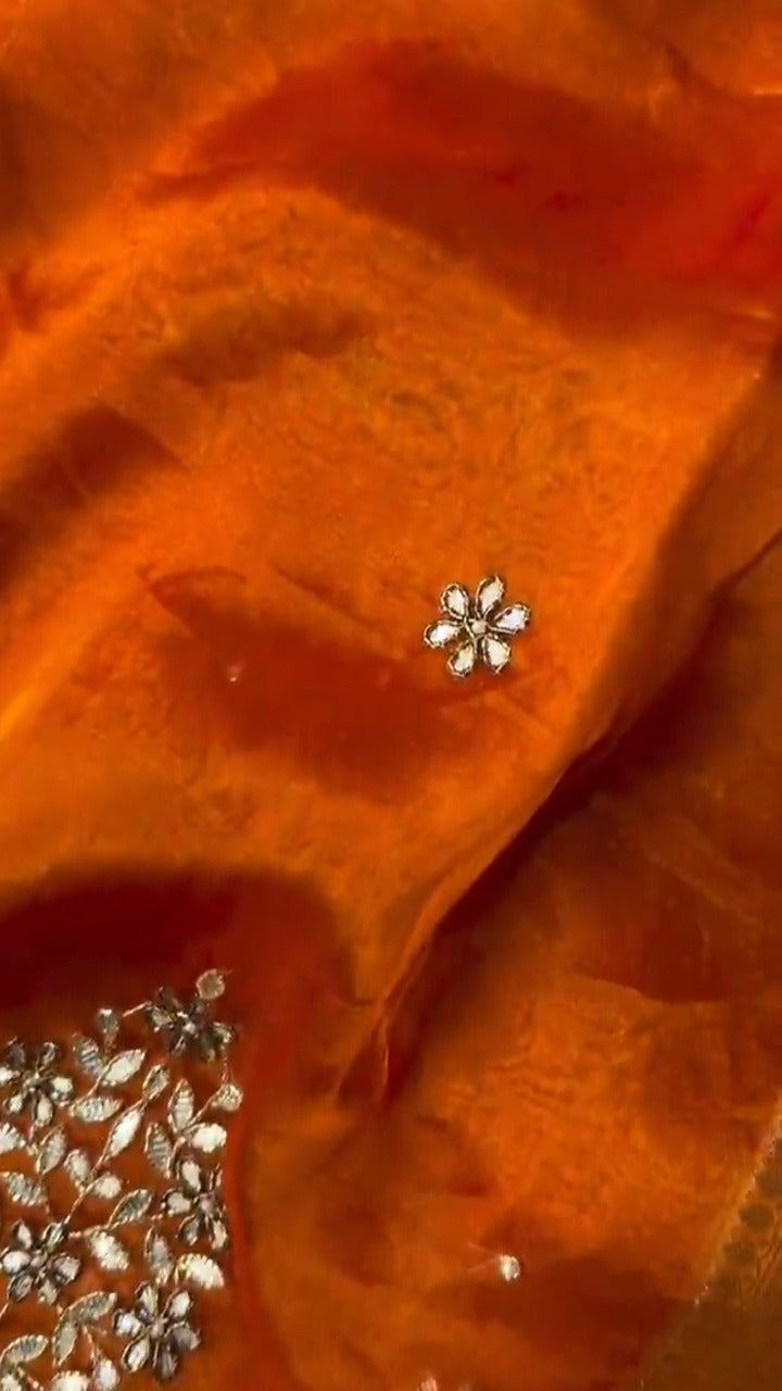 Orange Pure Banarasi Kora Silk Kadhwa Saree 🍊✨