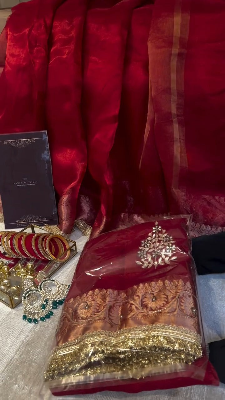 Chilli Red Pure Banarasi Kora Silk Kadhwa Saree 🔴✨