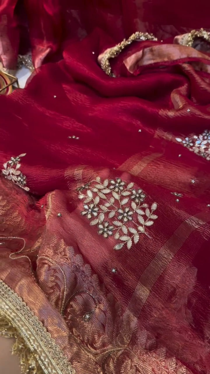 Chilli Red Pure Banarasi Kora Silk Kadhwa Saree 🔴✨