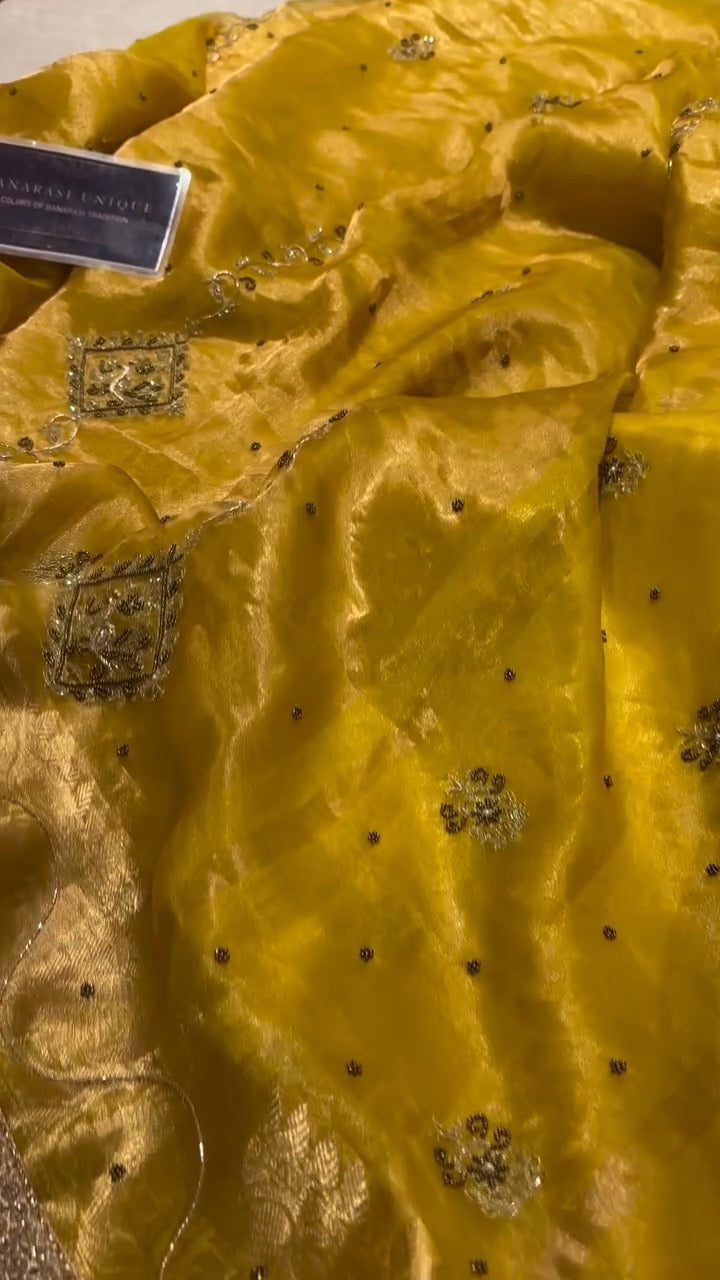 Yellow Pure Banarasi Kora Silk Kadhwa Saree 🌼✨