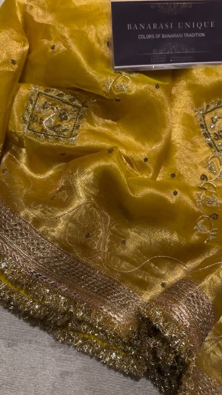 Yellow Pure Banarasi Kora Silk Kadhwa Saree 🌼✨