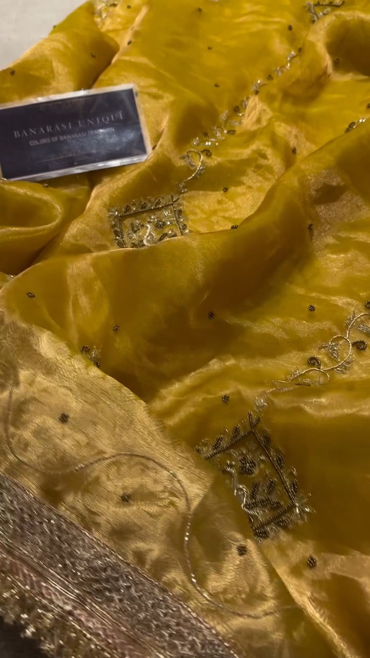 Yellow Pure Banarasi Kora Silk Kadhwa Saree 🌼✨