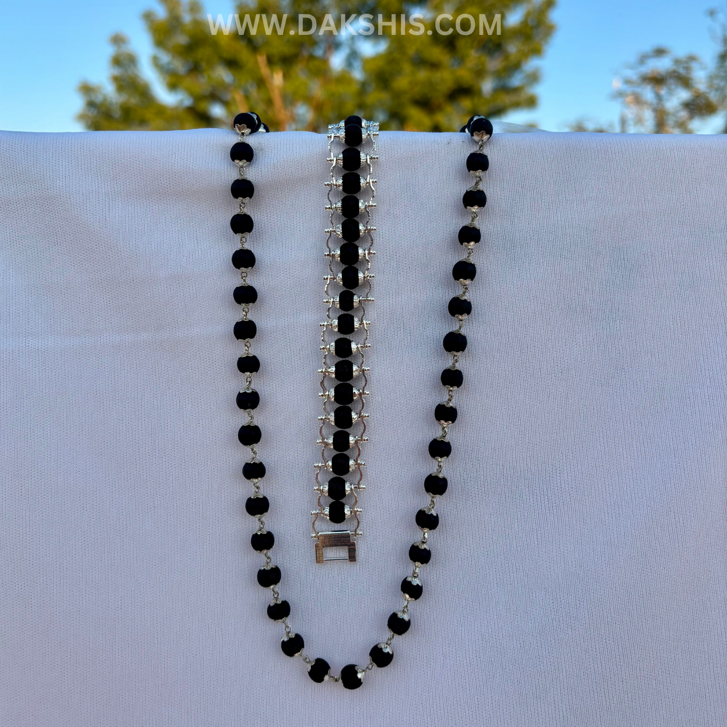 Silver Plated Karungali Mala + Bracelet Combo