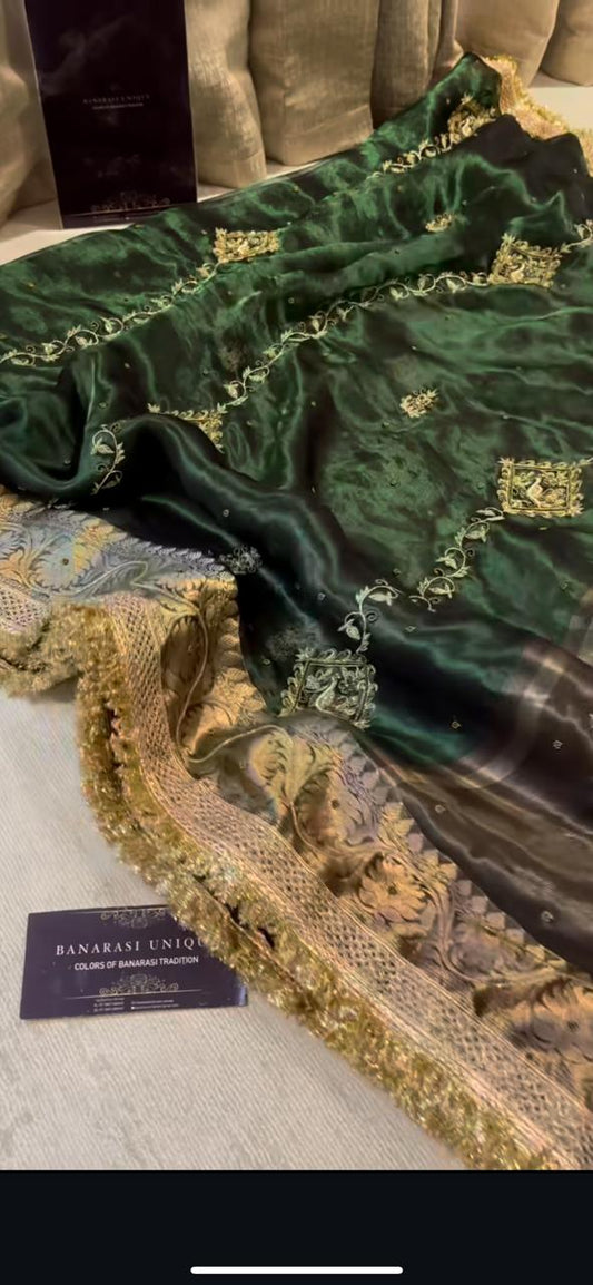 Deep Green Pure Tissue Silk Banarasi Saree 🔥✨