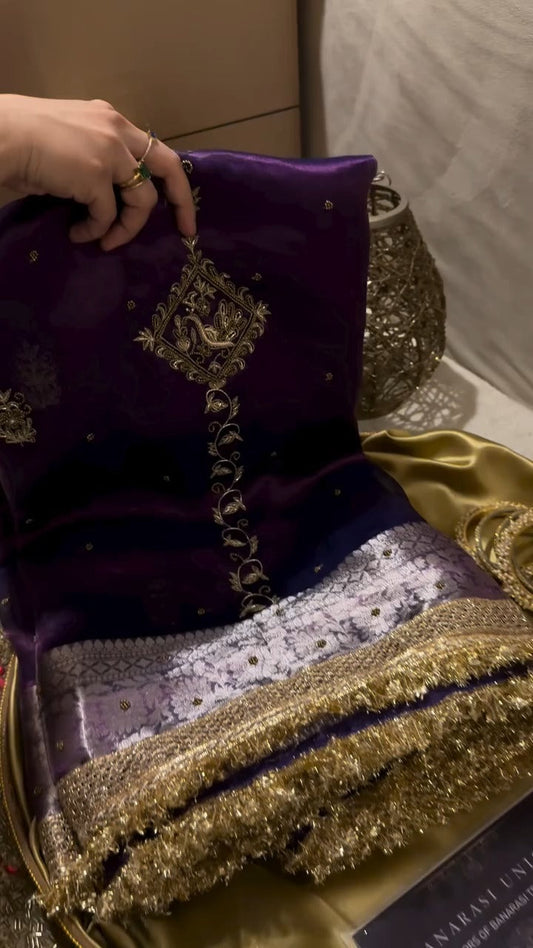 Deep Purple Pure Banarasi Kora Silk Kadhwa Saree 💜✨