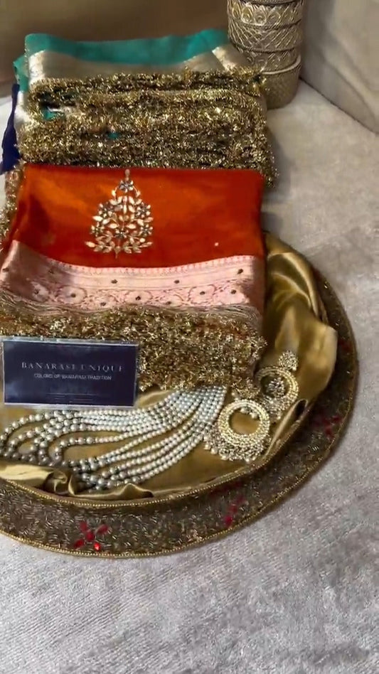 Orange Pure Banarasi Kora Silk Kadhwa Saree 🍊✨