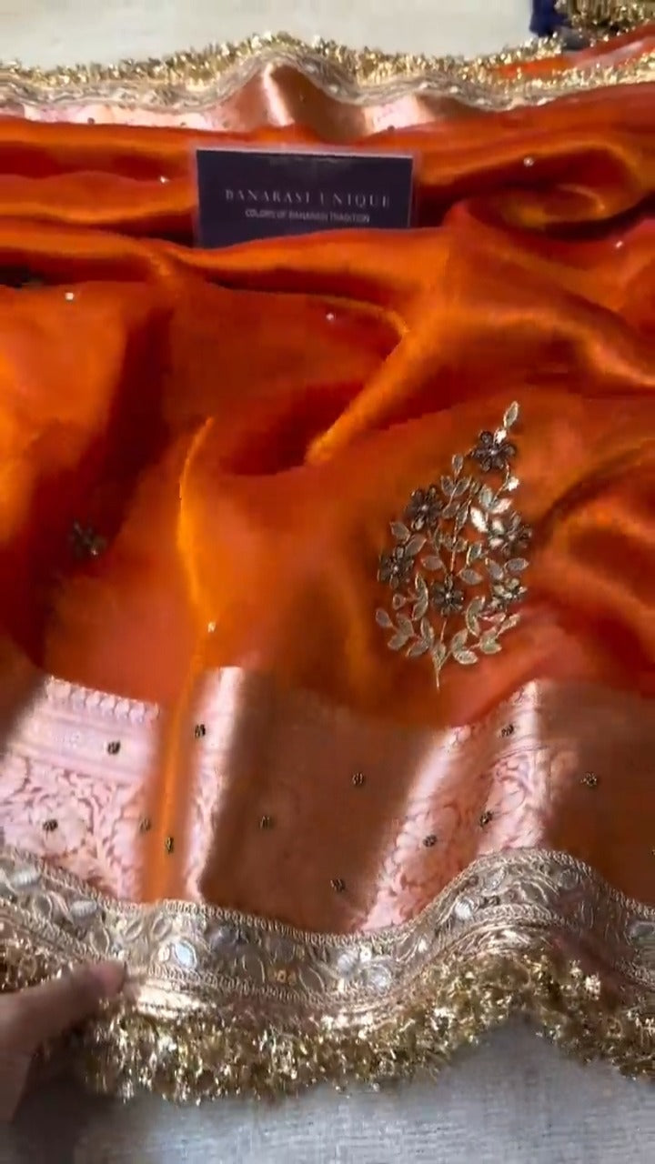 Orange Pure Banarasi Kora Silk Kadhwa Saree 🍊✨