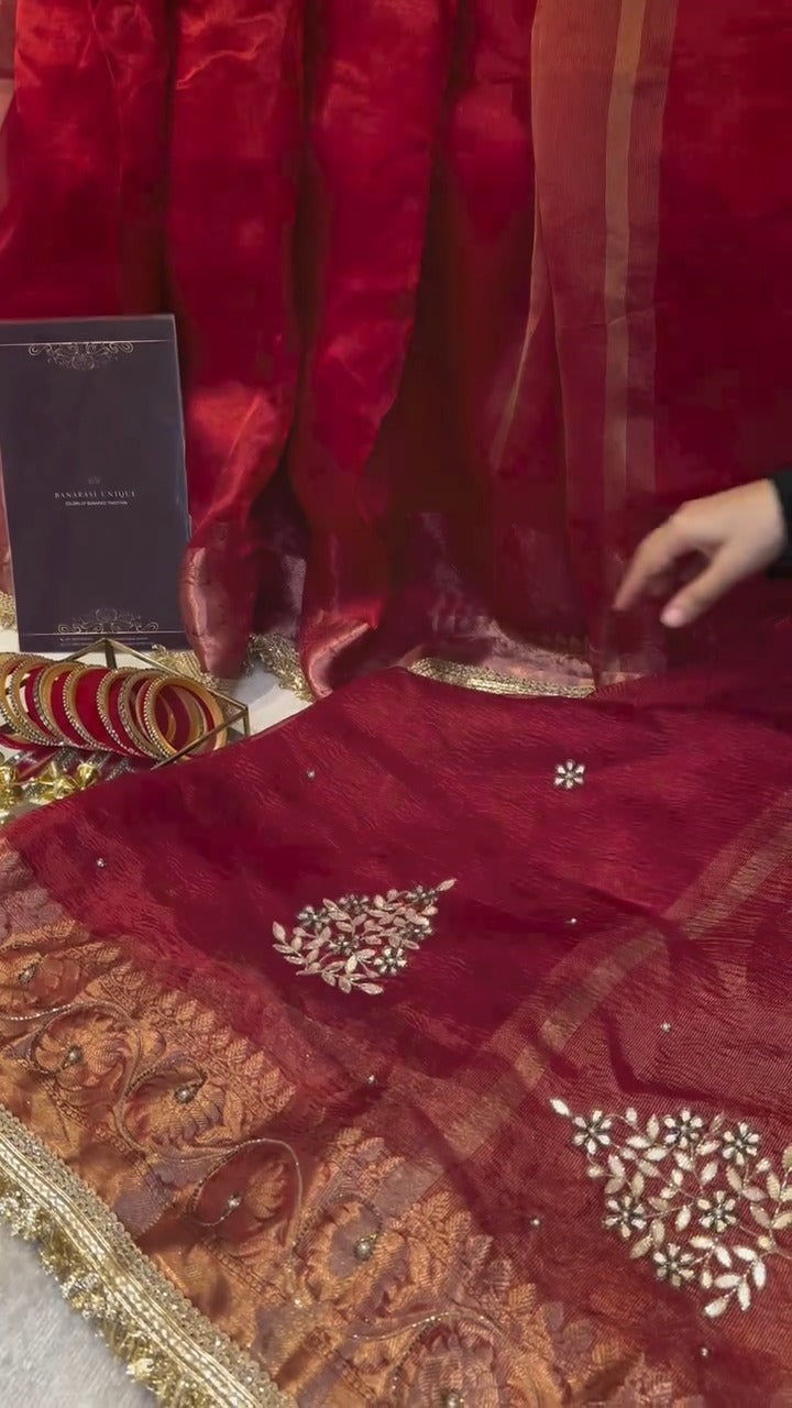 Chilli Red Pure Banarasi Kora Silk Kadhwa Saree 🔴✨