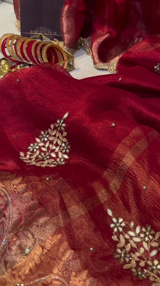 Chilli Red Pure Banarasi Kora Silk Kadhwa Saree 🔴✨