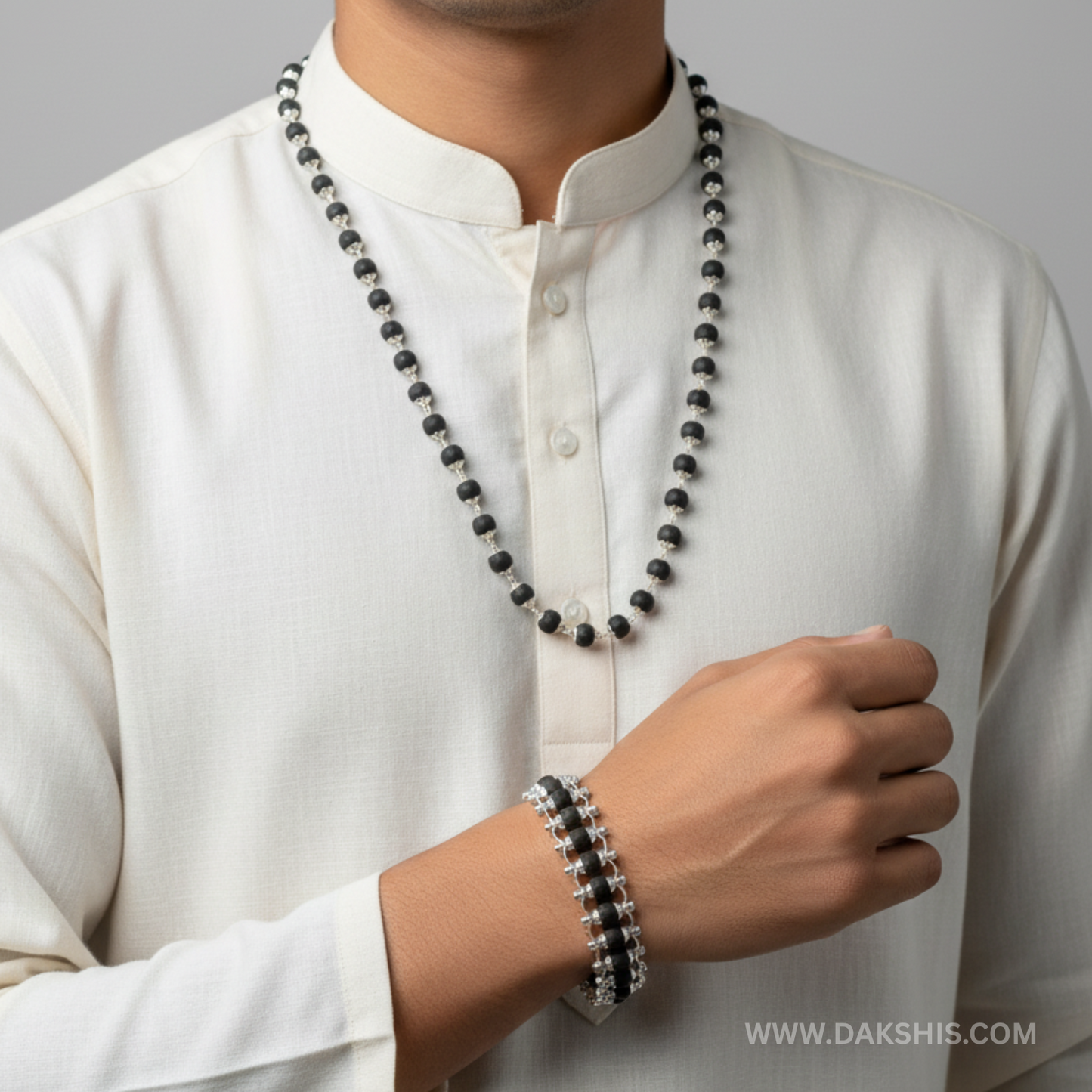 Silver Plated Karungali Mala + Bracelet Combo