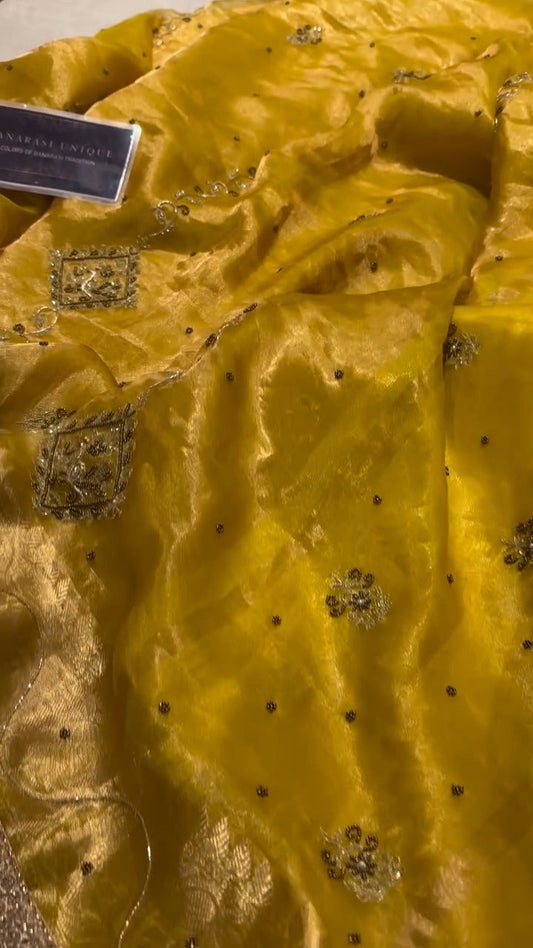 Yellow Pure Banarasi Kora Silk Kadhwa Saree 🌼✨